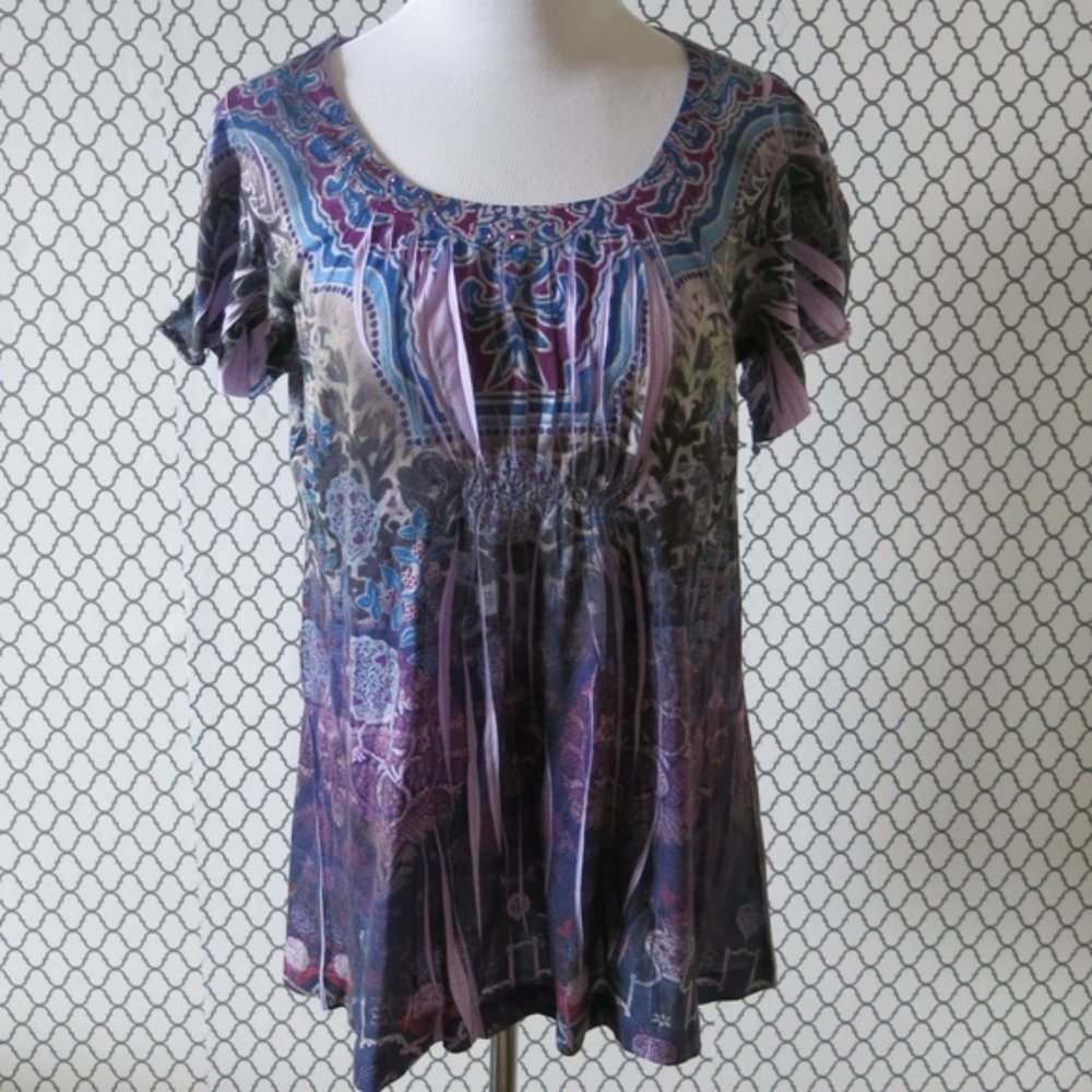 ONE WORLD Scoop Neck Elastic Pleats Tunic Large